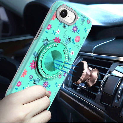 For Apple iPhone 16e Pattern Design Hybrid with Invisible Ring Stand & Magnetic Back, Shockproof Protective Grip Case Cover Flower Bee Teal