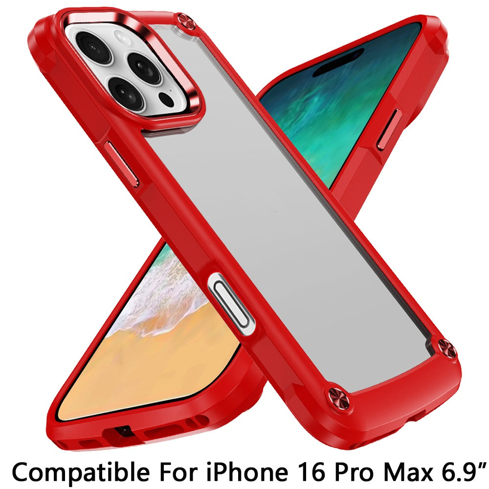 For Apple iPhone 16 Pro Max (6.9") Hybrid Transparent Rubber with Metal Buttons & Camera Edges Hard TPU Corner Bumper Case Cover
