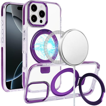 For Apple iPhone 16 Pro (6.3") Hybrid Transparent Circle Back Ring Kickstand [Compatible with MagSafe] Shockproof Color Frame Bumper Case Cover