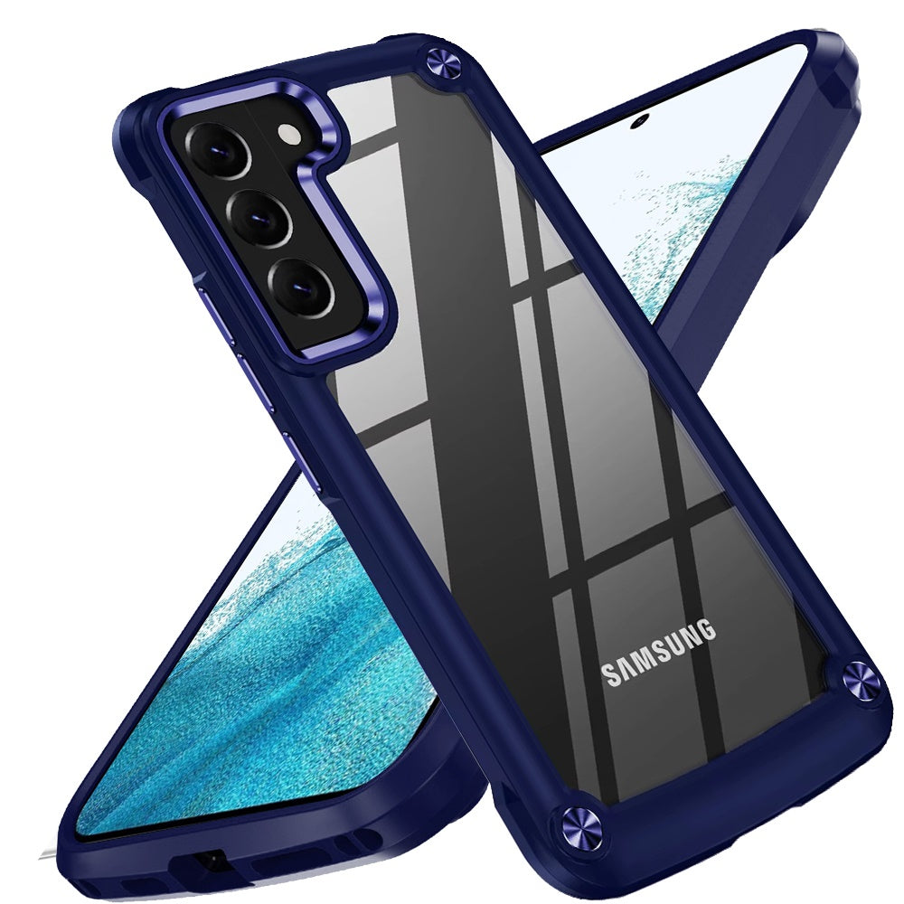 For Samsung Galaxy S22 Hybrid Transparent Rubber with Metal Buttons & Camera Edges Hard TPU Corner Frame Bumper Case Cover