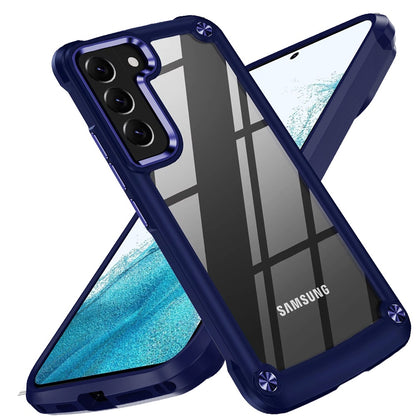 For Samsung Galaxy S22 Hybrid Transparent Rubber with Metal Buttons & Camera Edges Hard TPU Corner Frame Bumper Case Cover
