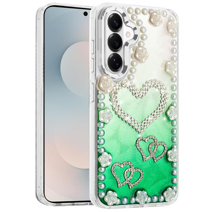 For Samsung Galaxy S26 Bling Fashion Design with 3D Pearls Epoxy Glitter Ornaments Chrome Edge Hard Slim PC Case Cover