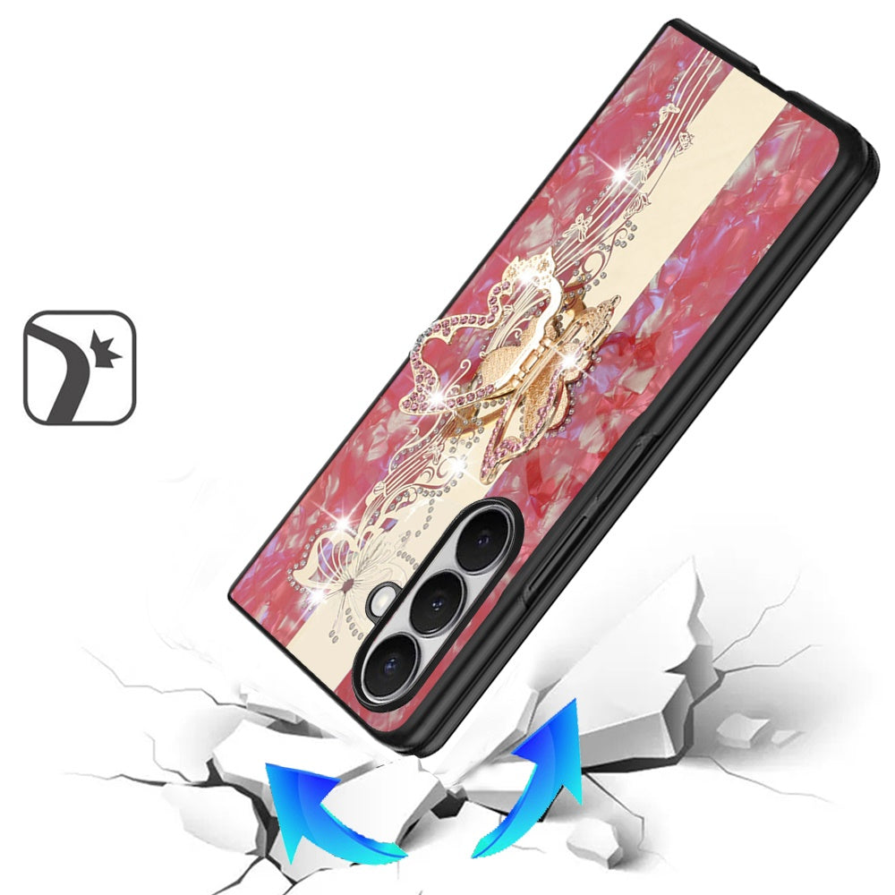 Phone Case for Samsung Galaxy Z Fold 7 Diamond 3D Fashion Floral Glitter Engraved Luxury Bling Hybrid Shockproof Chrome Edge Protective Grip Cover Enchanted Butterfly Red