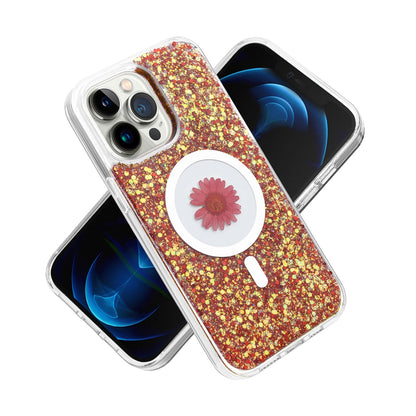 For Apple iPhone 15 Pro Max MagSafe Compatible Glitter Flower Epoxy Hybrid Slim TPU Case, Magnetic Circle Design, Sparkly Bling Protective Case Cover Silver