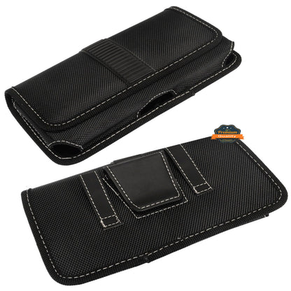 For Apple iPhone 16 Plus (6.7") Rugged Canvas Cellphone Belt Clip Cover Holster Pouch Holder with Belt Loops Universal Horizontal Carrying Case [Black]