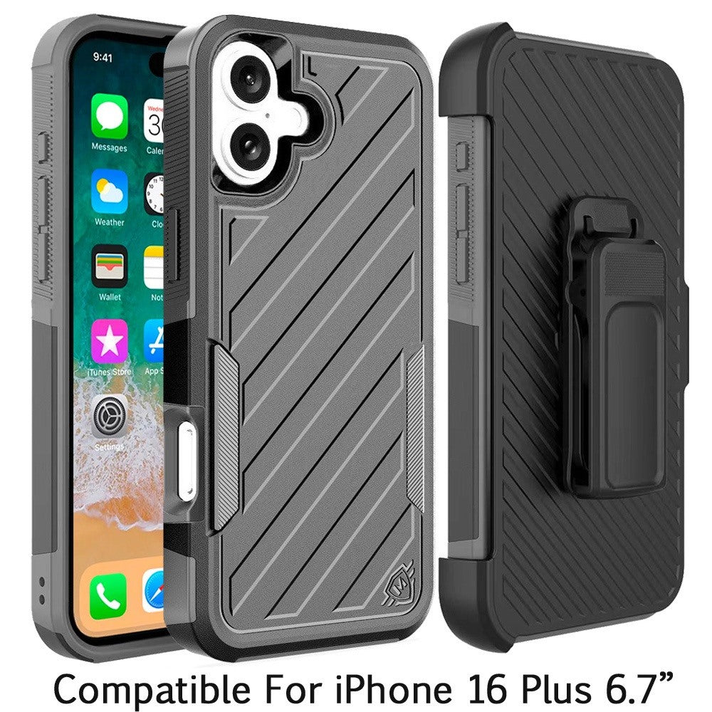For Apple iPhone 16 Plus (6.7") Premium Design Hybrid lined with Belt Clip Holster Shockproof Rugged Textured 2in1 Non Slip Tough Case Cover Gray