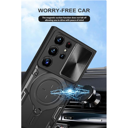 For Samsung Galaxy A37 5G Hybrid Shockproof with Magnetic Ring Stand, Compatible with Magsafe & Sliding Camera Lens Protector Case Cover