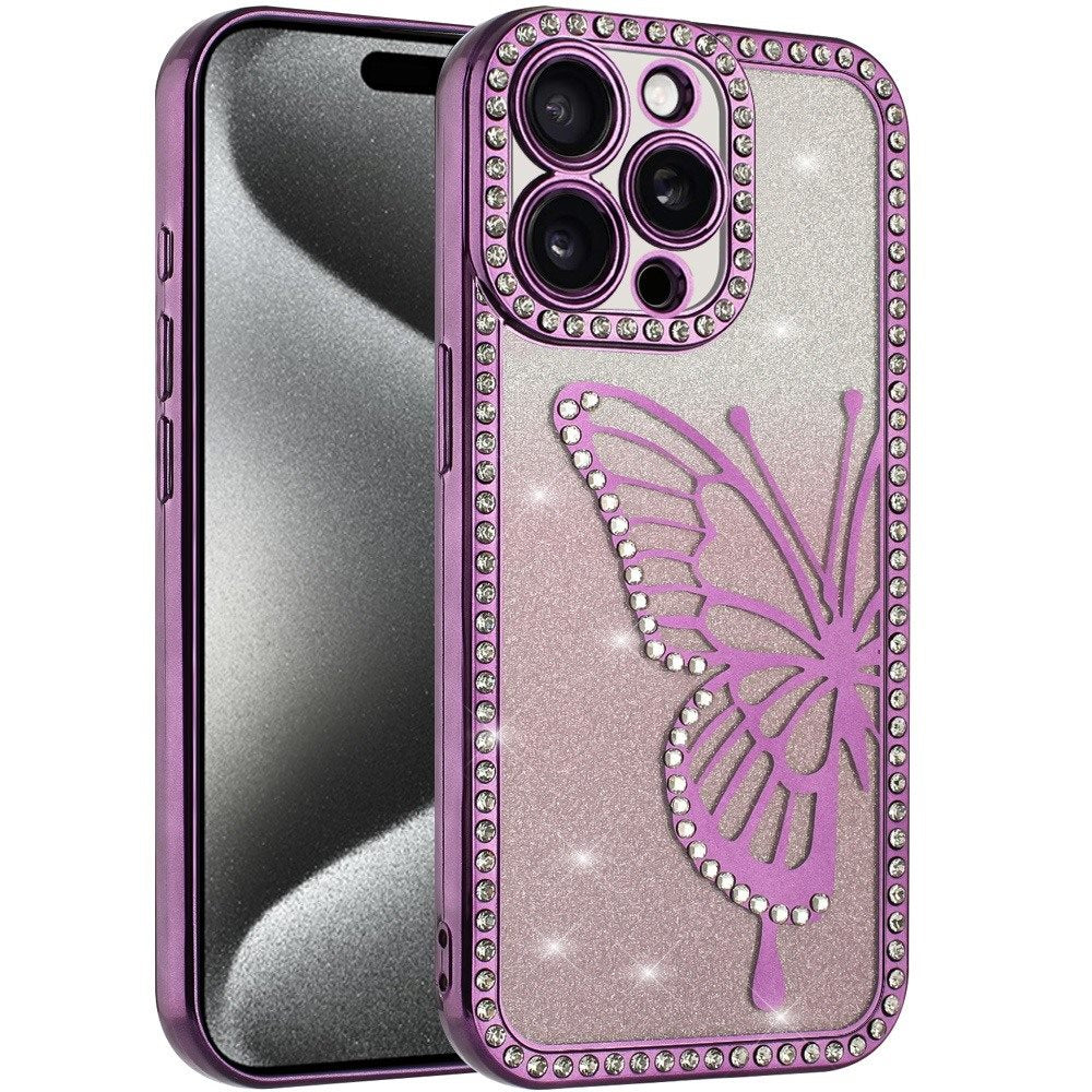 For Apple iPhone 12 Pro Max Butterfly Glitter Diamond Shimmer Hybrid Slim & Stylish Electroplated Sparkly Bling Shockproof TPU Protective Case Cover