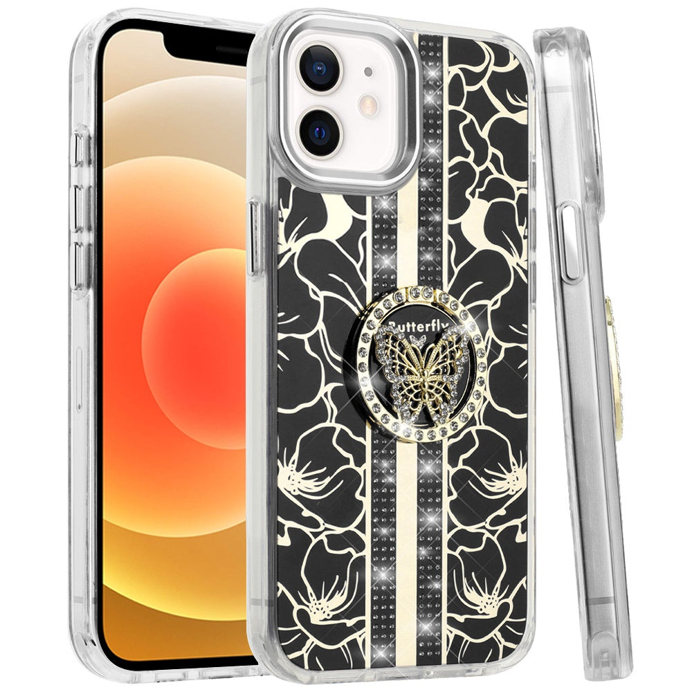 For Apple iPhone 17E /16E Diamonds 3D Butterfly Floral Design Bling Sparkly Glitter Hybrid Metal Fashion with Ring Stand Case Cover