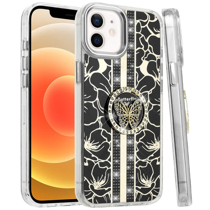 For Apple iPhone 17E /16E Diamonds 3D Butterfly Floral Design Bling Sparkly Glitter Hybrid Metal Fashion with Ring Stand Case Cover