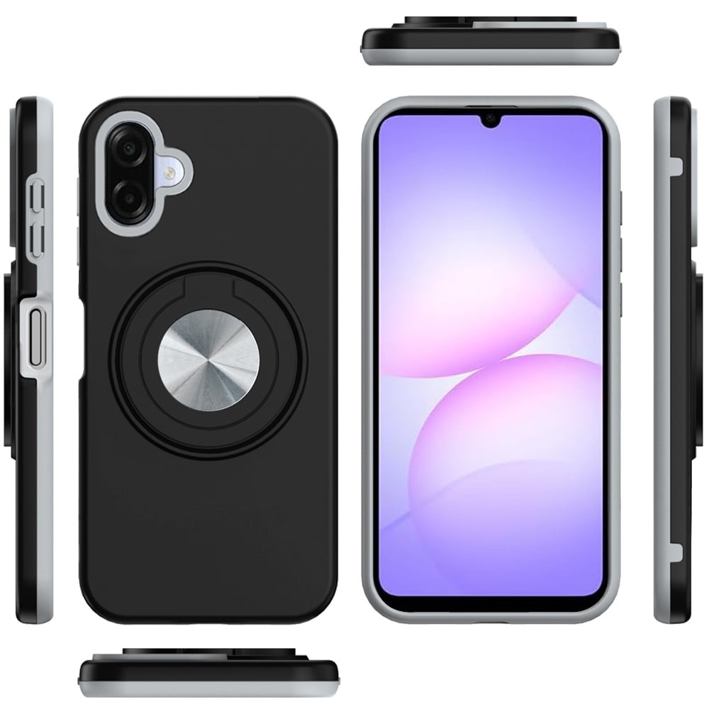 For Samsung Galaxy A07 Metal Matte Hybrid with Invisible Rotational Ring Stand, Car Mount Friendly, Military Grade Slim Fit Sturdy Case Cover