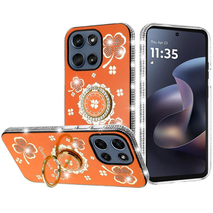For Motorola Moto G 5G 2026/2025 Diamonds Bling All Around Edges Sparkly Glitter Hybrid with Ring Stand Holder Fashion Good Luck Case Cover Cosmic Orange