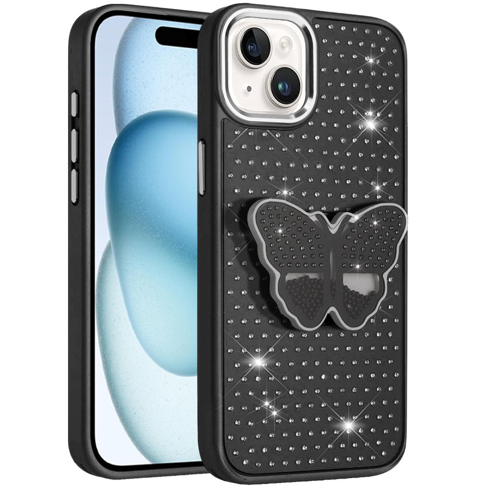 For Apple iPhone 15 Pro Max Butterfly Moveable Grip 3D Pop Stand Full Diamond Bling Sparkling TPU Fashion Hybrid Case Cover