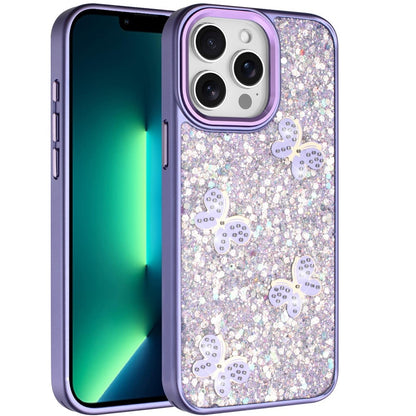 For Apple iPhone 13 Pro Max Cute Butterfly Crystal Diamond Glitter Case Sparkle Bling Frame Metallic Edges, Shimmer TPU Hybrid Case Cover Dark Purple