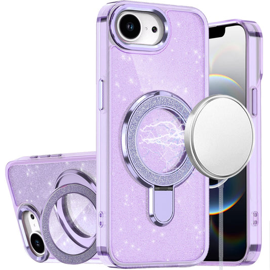For Apple iPhone 16e Transparent Glitter Bling Case with Rotating Magnetic Ring Stand, Shockproof Hybrid Case Cover