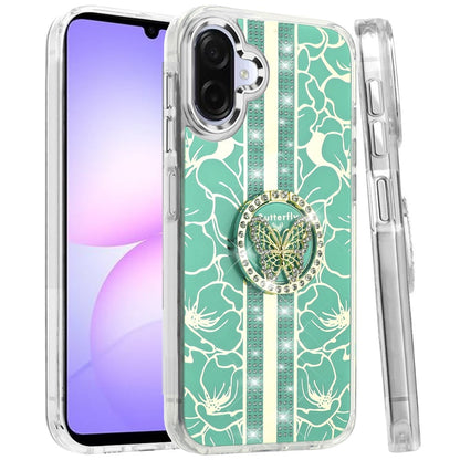For Samsung Galaxy A07 Diamonds 3D Butterfly Floral Design Bling Sparkly Glitter Hybrid Metal Fashion with Ring Stand Case Cover