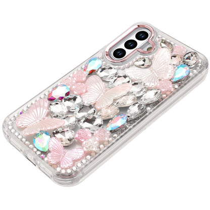 For Samsung Galaxy A36 3D Diamond Floral Butterfly Bling Stone Hybrid, Sparkly Rhinestone Gemstone Back Shockproof Case Cover