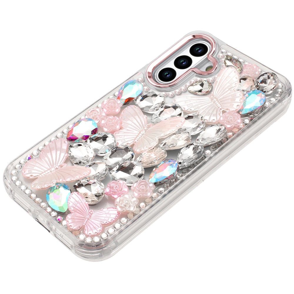 For Samsung Galaxy S25 /S24 3D Diamond Floral Butterfly Bling Stone Hybrid, Sparkly Rhinestone Gemstone Back Shockproof Case Cover