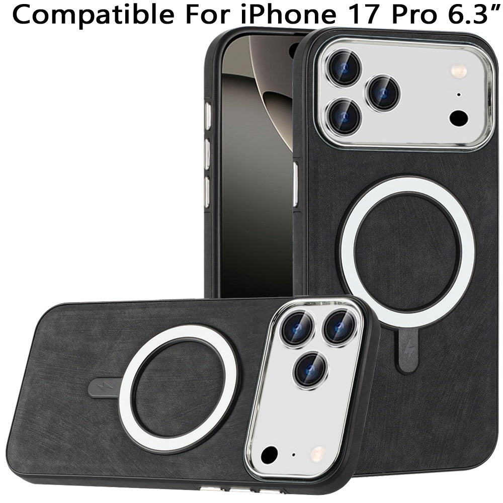 For Apple iPhone 17 Pro Fashion PU Vegan Leather Chrome Edge Hybrid, MagSafe Compatible, Durable TPU Hard PC Case Cover Black