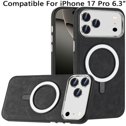 For Apple iPhone 17 Pro Fashion PU Vegan Leather Chrome Edge Hybrid, MagSafe Compatible, Durable TPU Hard PC Case Cover Black