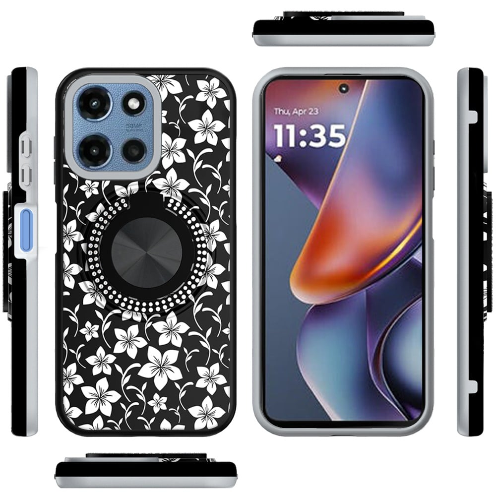 Phone Case for Motorola Moto G 5G 2026 / 2025 Magnetic Ring Stand Matte Metal Hybrid Car Mount Friendly Shockproof Rotational Grip Diamond Design Pattern Cover Classic Floral
