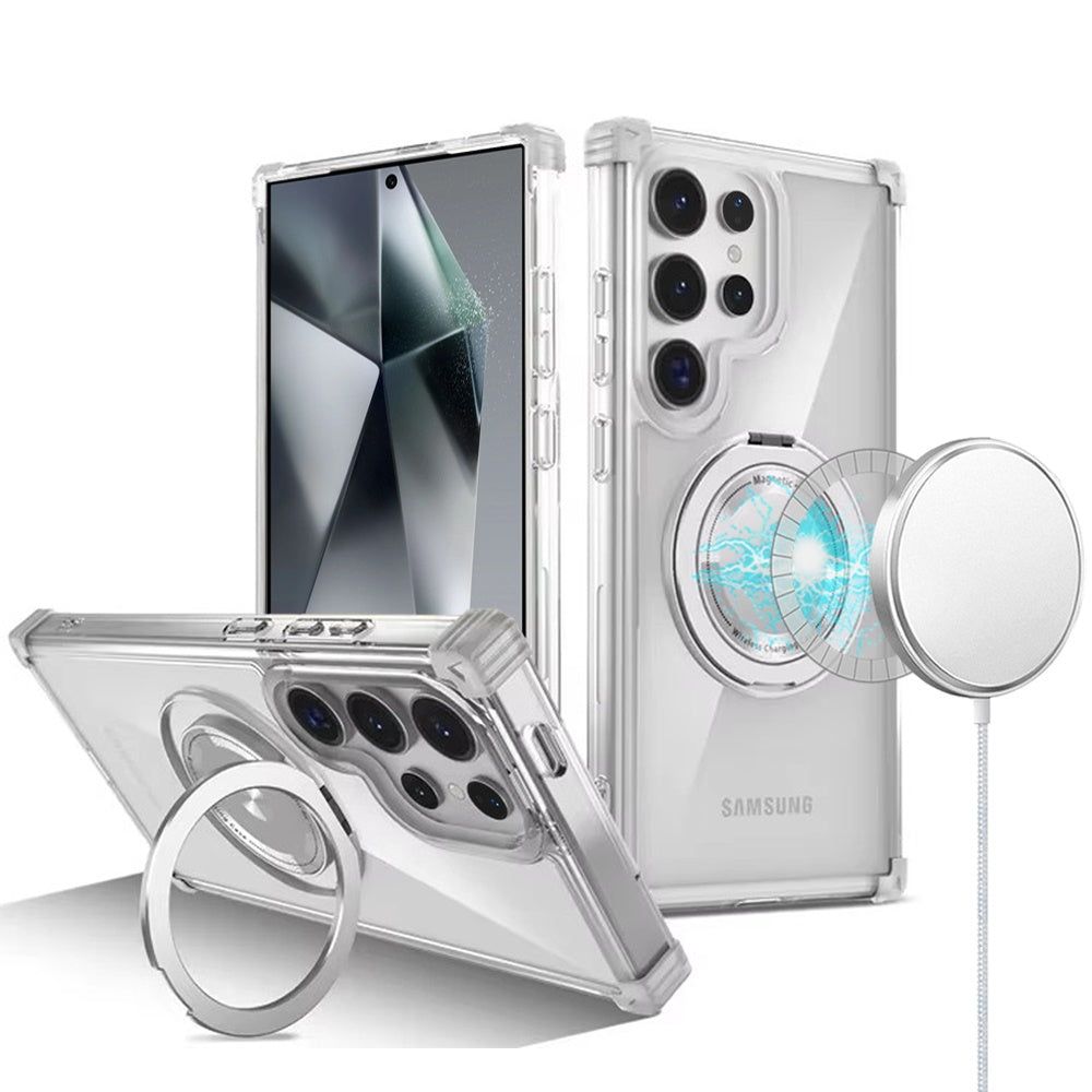 For Samsung Galaxy S24 Ultra Magnetic [Compatible with Magsafe] with 360° Rotatable Ring Holder Invisible Stand Transparent Case Cover