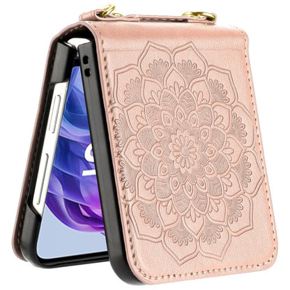 For For Samsung Galaxy Z Flip 7 FE Embossed Floral PU Leather Henna Mandala Design Flip Cover with Strap, Hybrid Protective Case Cover Rose Gold