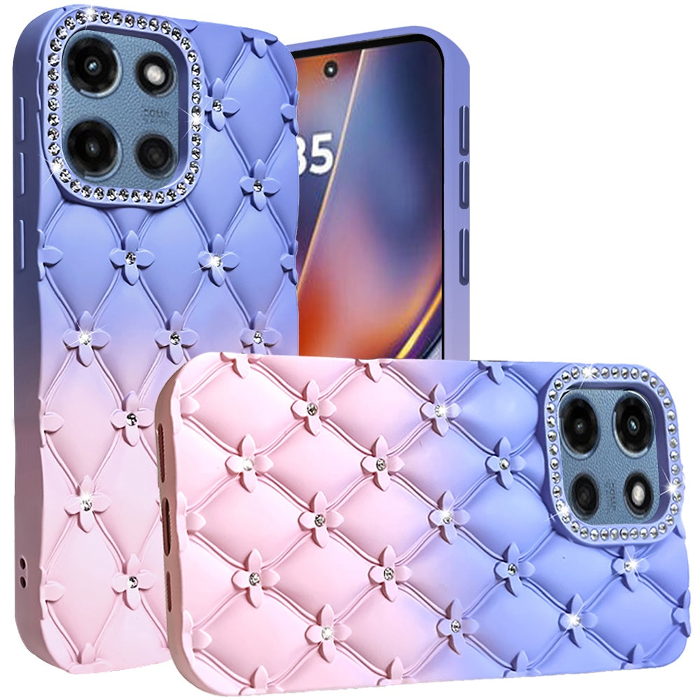 For Motorola Edge 2025 Fashion Flower Design Sparkle Glitter Shimmer Rhinestone Bling Floral Accents, Leather Texture TPU Case Cover