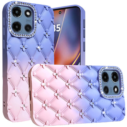 For Motorola Moto G Power 5G 2025 Fashion Flower Design Sparkle Glitter Shimmer Rhinestone Bling Floral Accents, Leather Texture TPU Case Cover