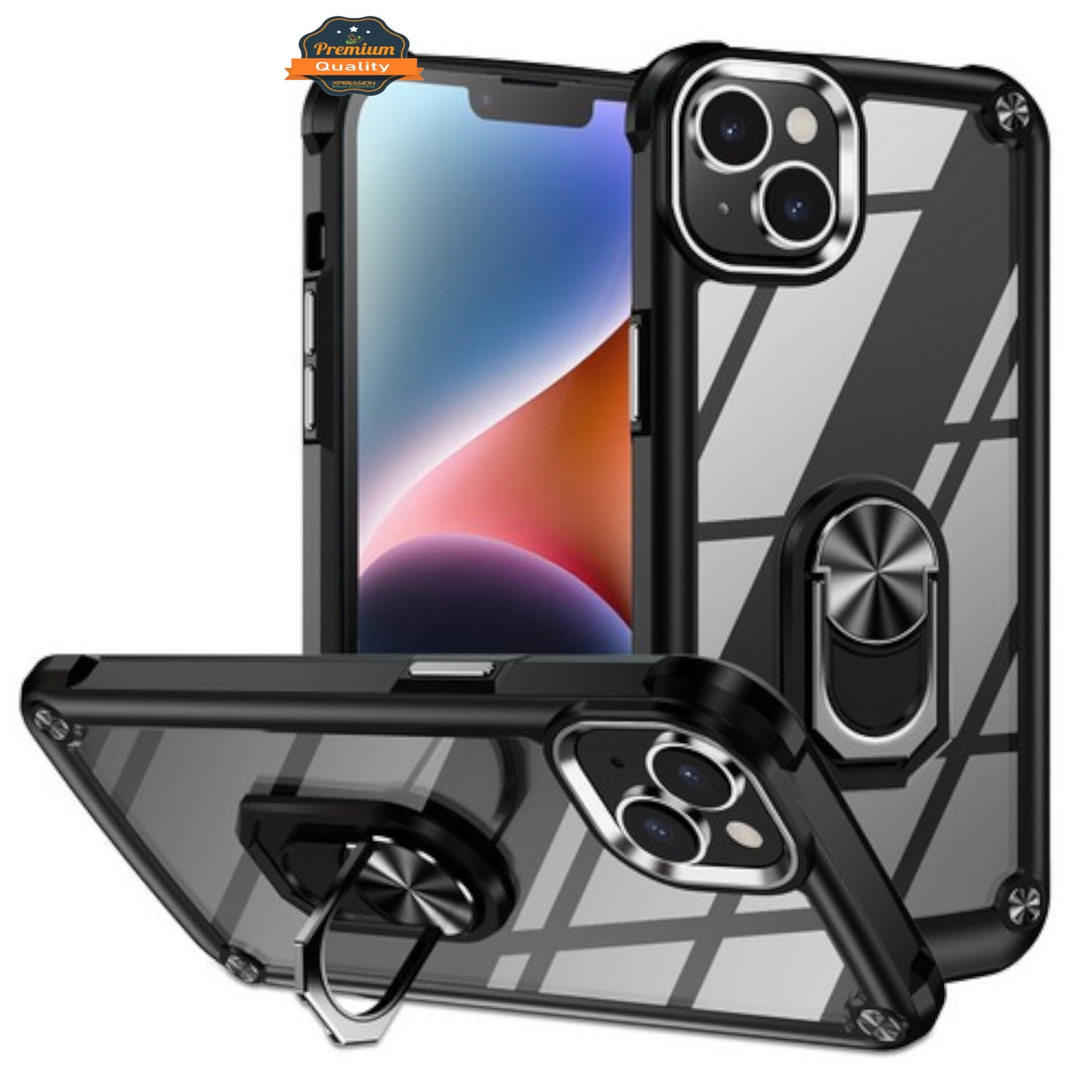 For Apple iPhone 15 (6.1") Clear Transparent Hybrid with 360° Magnetic Ring Stand PC Heavy Duty Shockproof Hard Back  Phone Case Cover