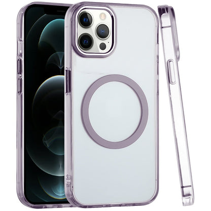 For Apple iPhone 12 Pro Max Transparent Back Hybrid Case - Magnetic Circle, Color Frame, Metal Buttons, MagSafe Compatible Case Cover