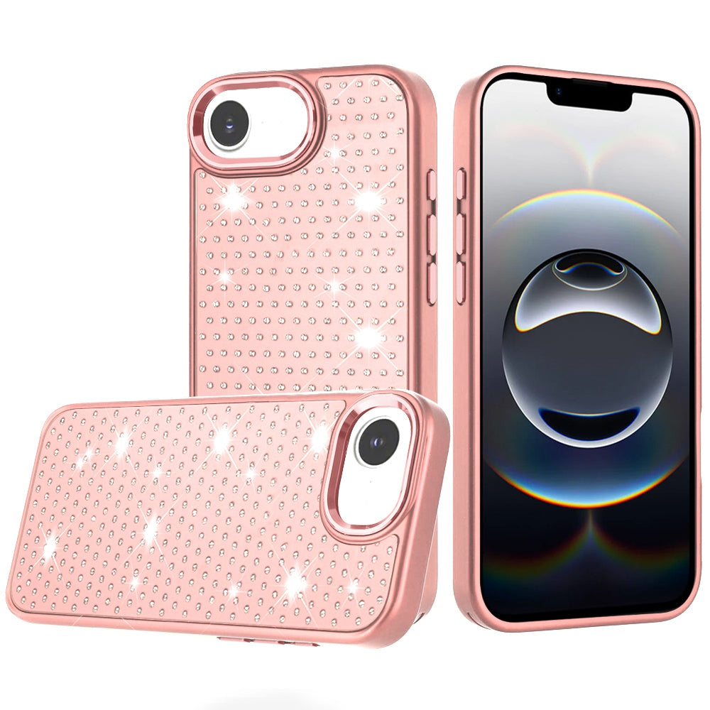 For Apple iPhone 16e Bling Diamond Metallic, Full Sparkle Chrome Edged Hybrid Protective Shockproof Case Cover