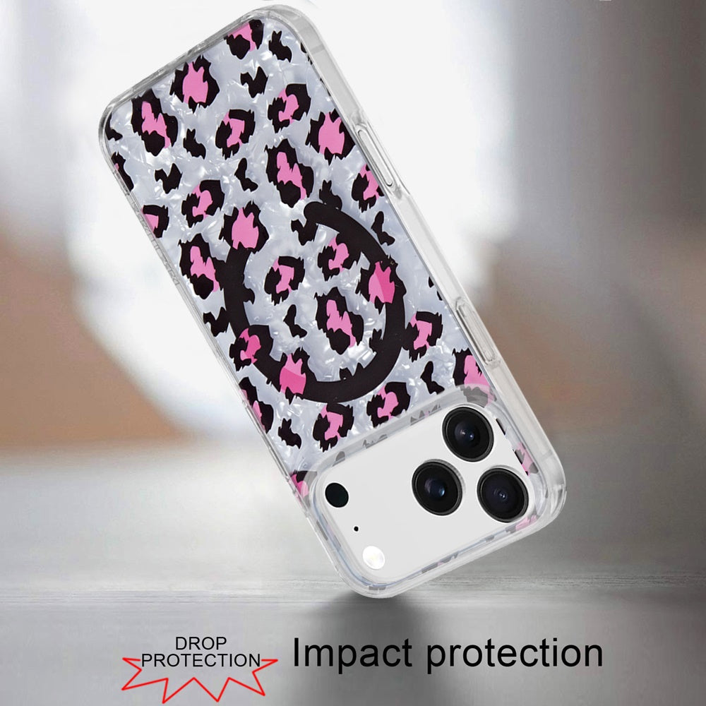For Apple iPhone 17 Stylish Pattern Fashion IMD Printed Design TPU Double Layer Slim Shockproof with Magnetic Back Case Cover Pink Leopard Skin