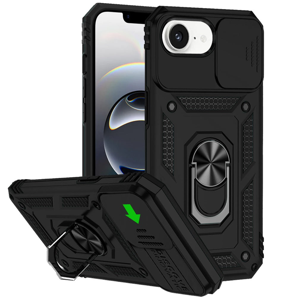 For Apple iPhone 17E /16E Hybrid Ring Shockproof with 360° Rotate Ring Kickstand, Camera Lens Protection, Soft Edge Bumper Case Cover