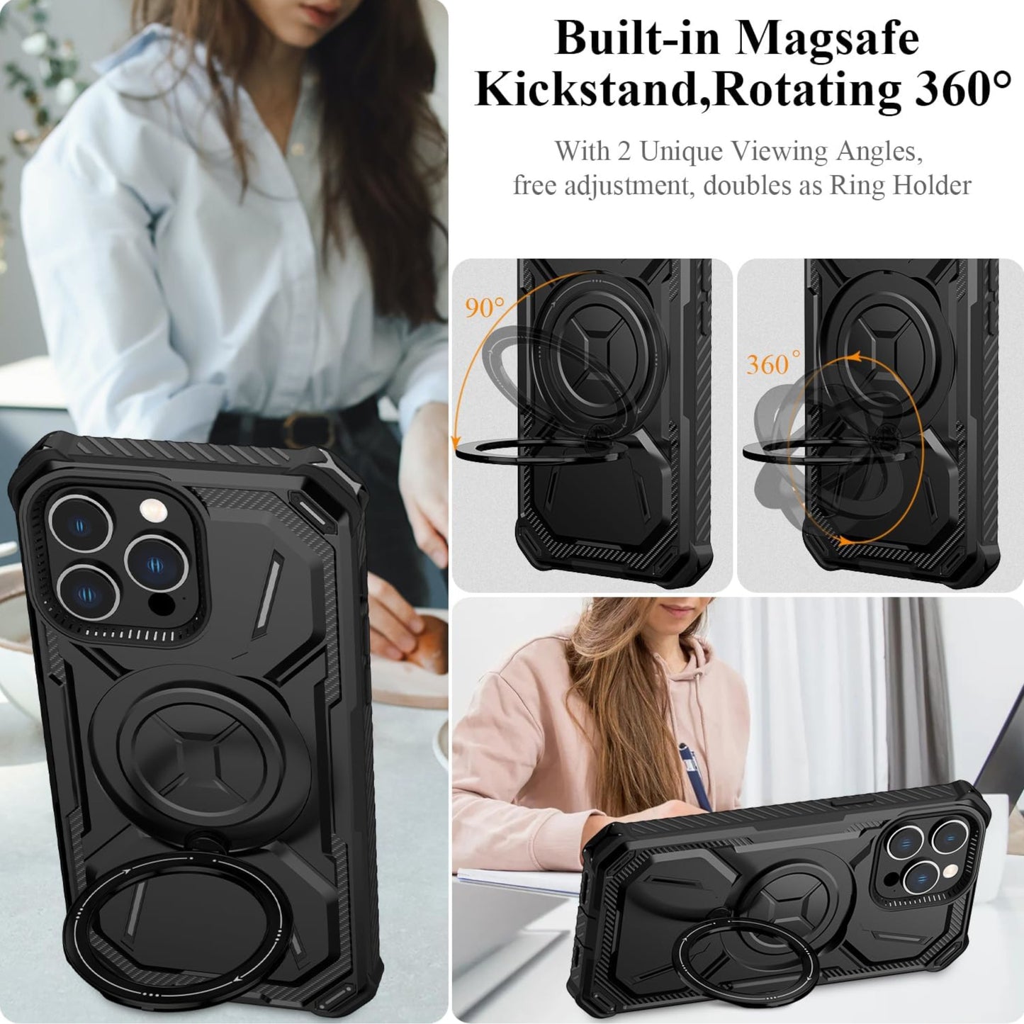 For Apple iPhone 15 Pro (6.1") Hybrid Bumper Invisible Stand Compatible with Magsafe 360° Ring Kickstand Shockproof  Phone Case Cover