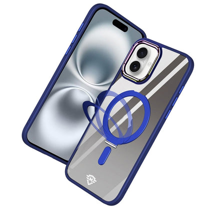 For Apple iPhone 16 Plus Magnetic Ring Stand Hybrid MagSafe Compatible Shockproof Protection Transparent Back Alloy Chrome Grip Case Cover Navy Blue