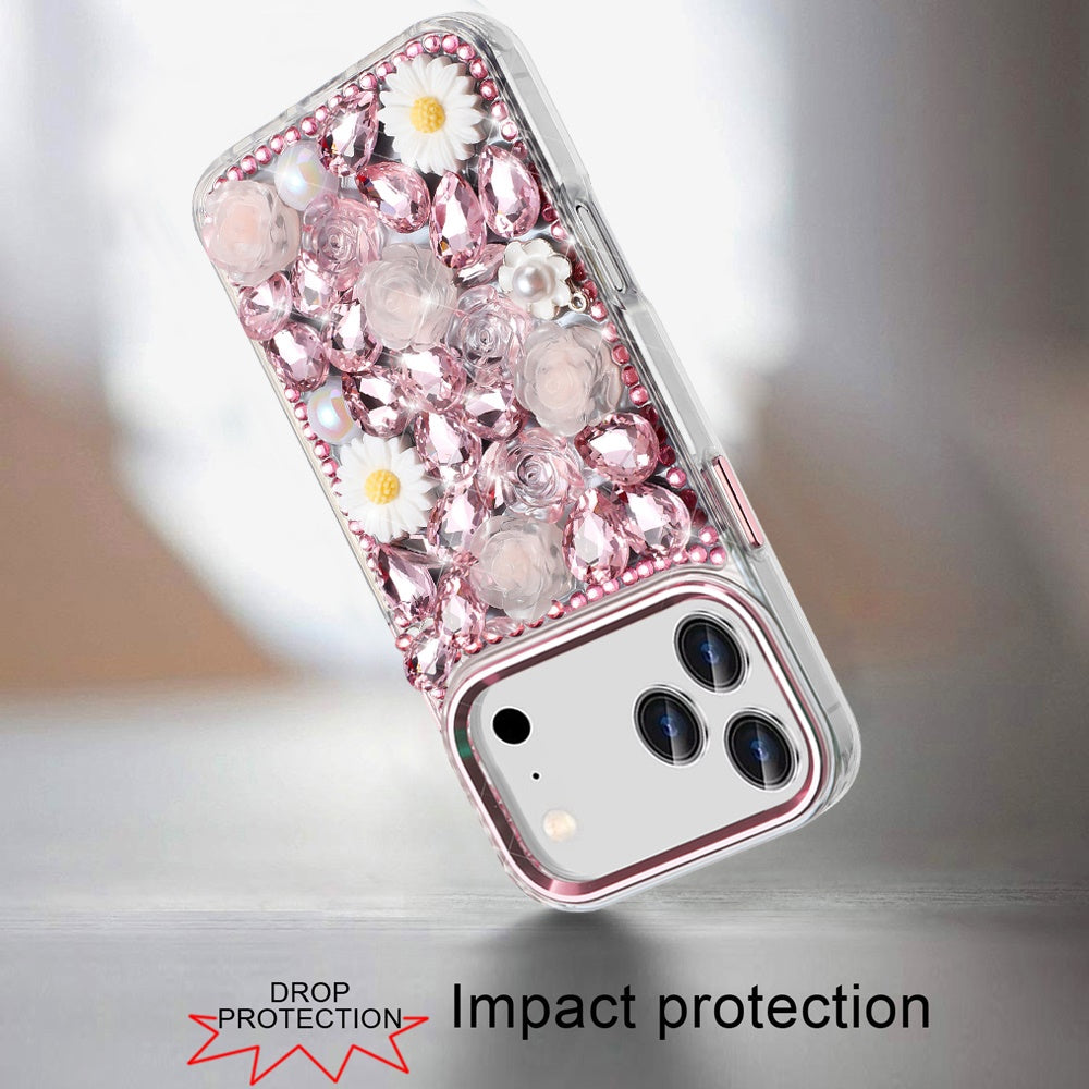For Apple iPhone 17 Pro (6.3") Fashion Daisy Floral Series, Full 3D Bling Crystal Diamonds Sparkling Rhinestone Glitter Hybrid Design Case Cover