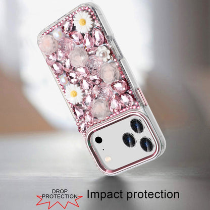 For Apple iPhone 17 Pro (6.3") Fashion Daisy Floral Series, Full 3D Bling Crystal Diamonds Sparkling Rhinestone Glitter Hybrid Design Case Cover