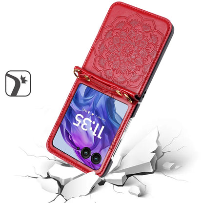 For Samsung Galaxy Z Flip 7 FE Embossed Floral PU Leather Henna Mandala Design Flip Cover with Strap, Hybrid Protective Case Cover Red