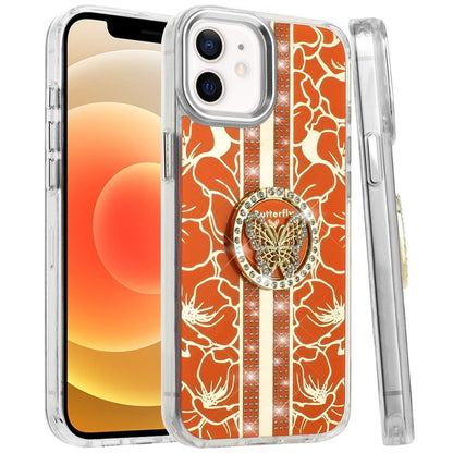 For iPhone 15 Plus (6.7") Diamonds 3D Butterfly Floral Design Bling Sparkly Glitter Hybrid Metal Fashion with Ring Stand Case Cover Cosmic Orange