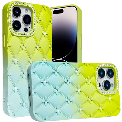 For iPhone 14 Pro Max (6.7") Fashion Flower Design Sparkle Glitter Shimmer Rhinestone Bling Floral Accents, Leather Texture TPU Case Cover
