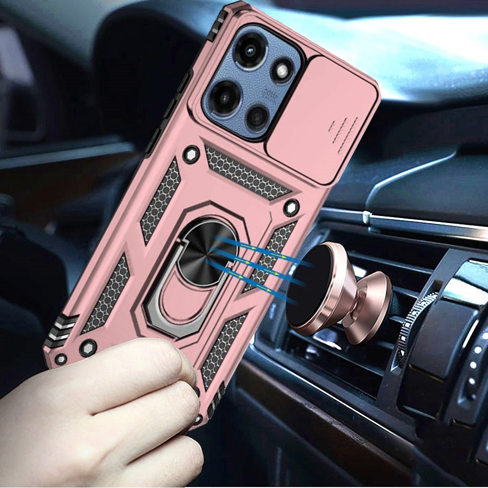 For Motorola Moto G 5G 2025 Hybrid Ring Shockproof with 360° Rotate Ring Kickstand, Camera Lens Protection, Soft Edge Bumper Case Cover Rose Gold