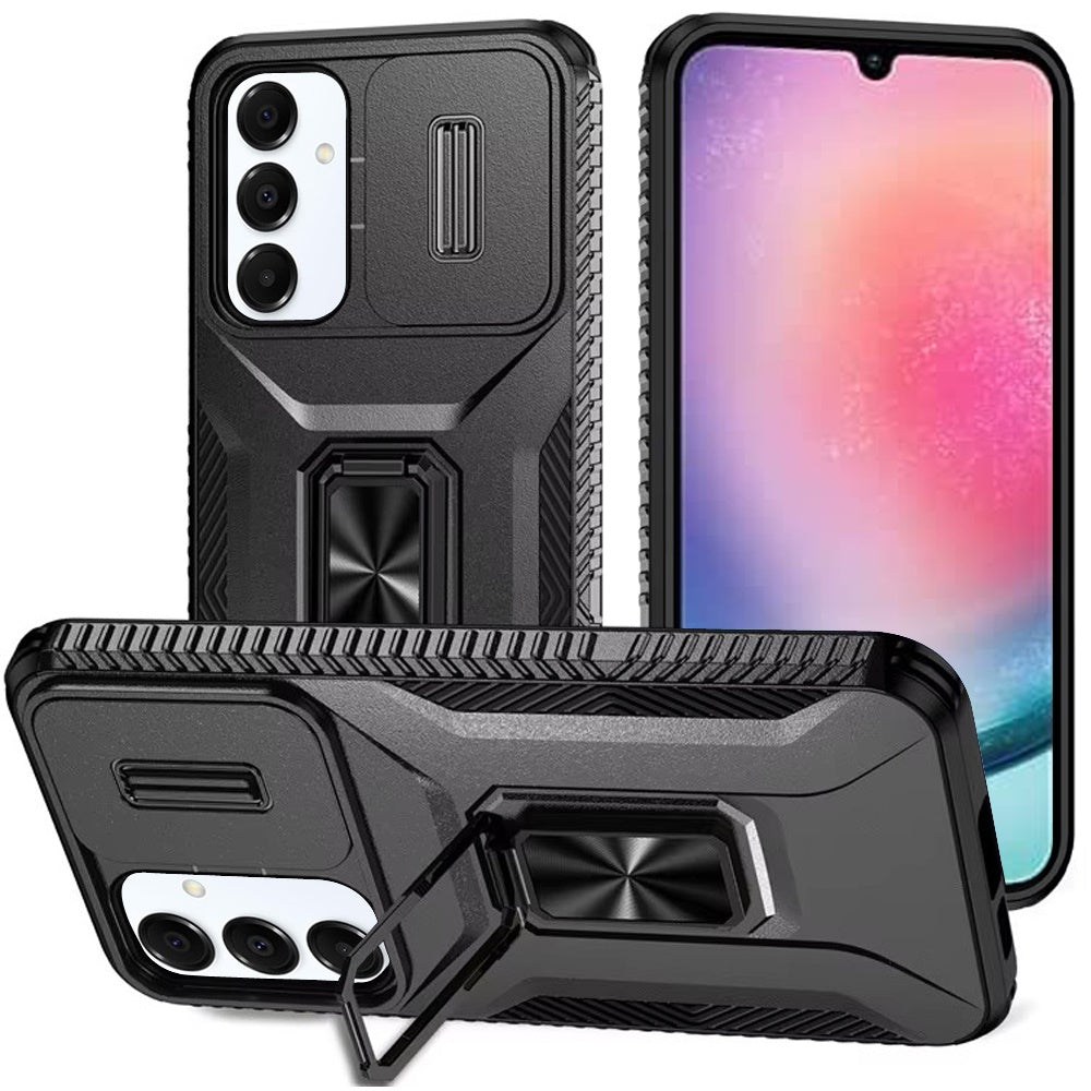 For Samsung Galaxy A54 Case, Camera Cover with Magnetic Rotation Ring Stand, Military Grade Hybrid Hard TPU Shockproof Case Cover Black