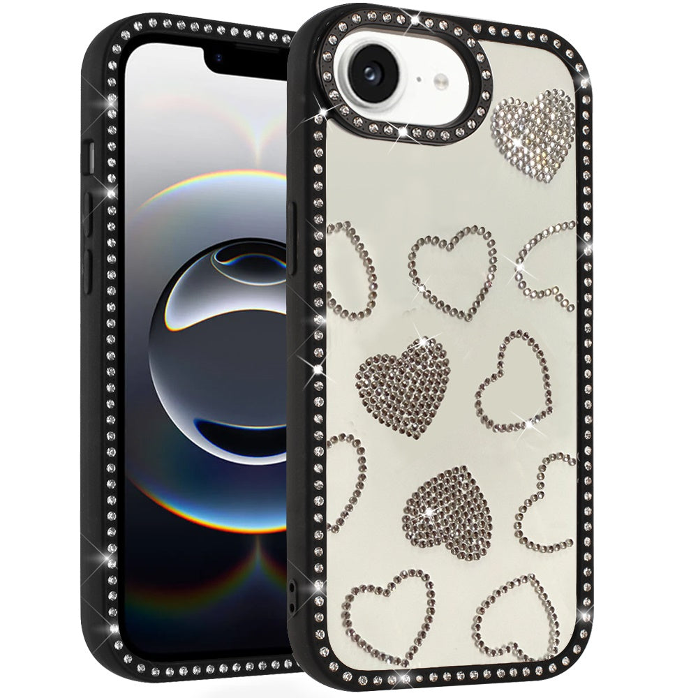 For Apple iPhone 17E /16E Spread Love Glitter Shimmer Bling Diamond Edge Hybrid Drop Protection Shockproof Design Case Cover Black