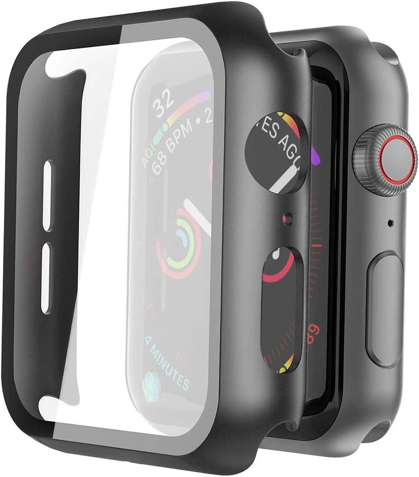 For Apple Watch Size 45mm Hard PC Electroplate Frame Face Full Coverage Protective with Tempered Glass Screen Protector Case Cover