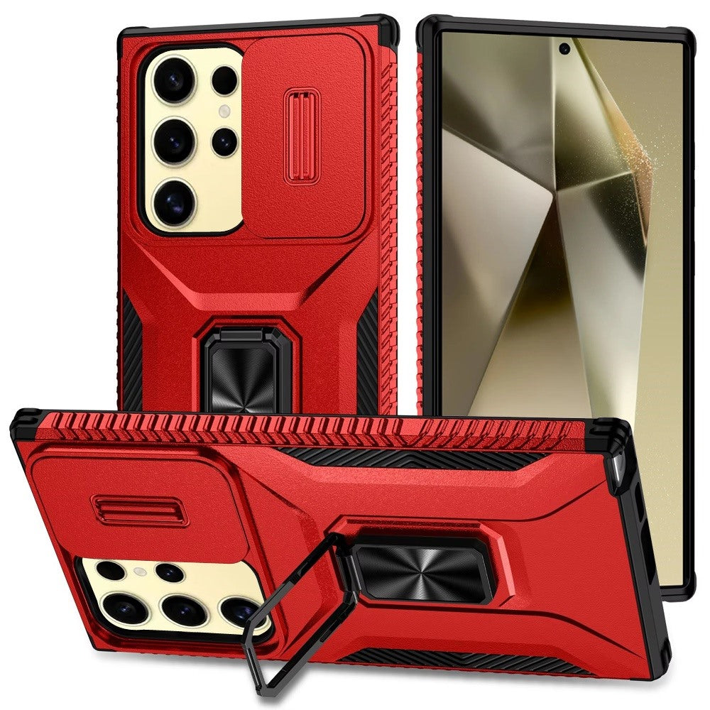 For Samsung Galaxy S23 Ultra Case, Camera Cover with Magnetic Rotation Ring Stand, Military Grade Hybrid Hard TPU Shockproof Case Cover Black