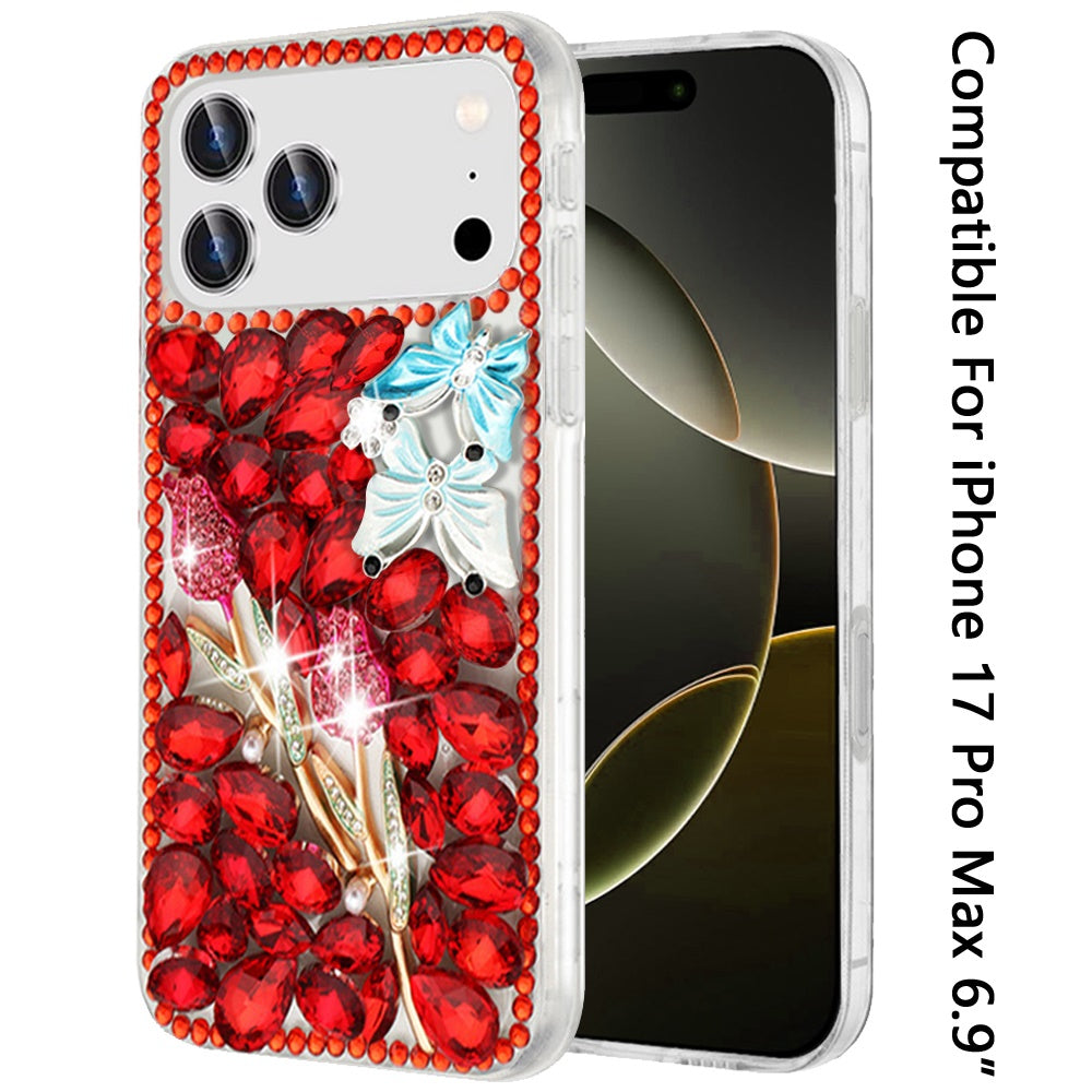 For Apple iPhone 17 Pro Max (6.9") Bling Crystal 3D Full Diamonds Luxury Sparkle Rhinestone Hybrid Protective Case Cover