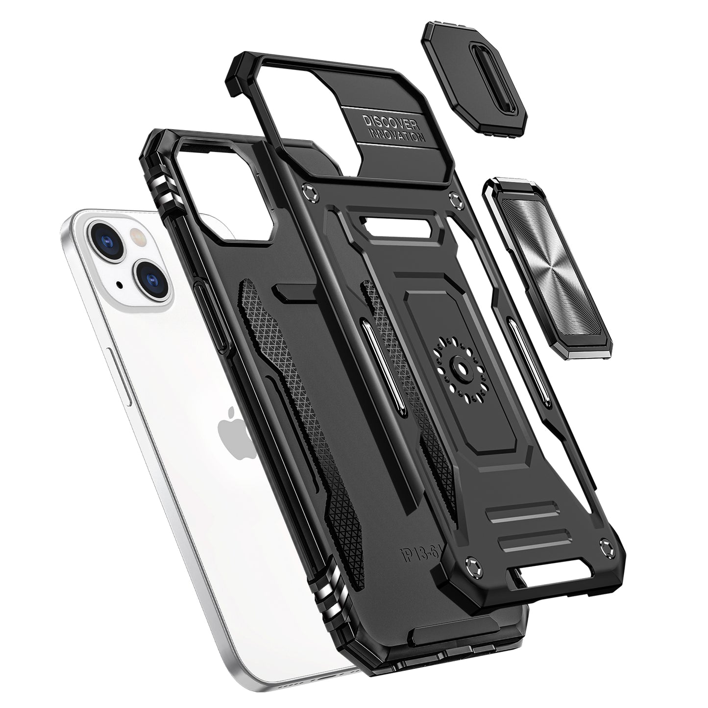 For iPhone 15 Plus (6.7") Tough Hybrid Case with Movable Camera Window & Metal Ring Stand Shockproof Case Cover Cosmic Orange
