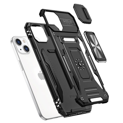 For iPhone 14/13 (6.1") Tough Hybrid Case with Movable Camera Window & Metal Ring Stand Shockproof Case Cover Cosmic Orange