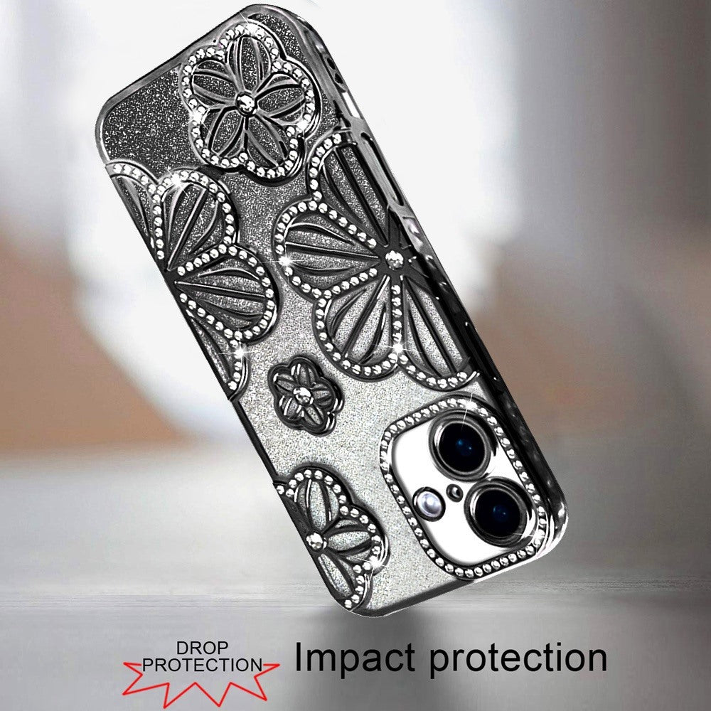 For iPhone 16 (6.1") Luxury Flower Design Sparkle Glitter Diamond Rhinestone Shimmer Bling Plating Thick TPU Hard PC Case Cover